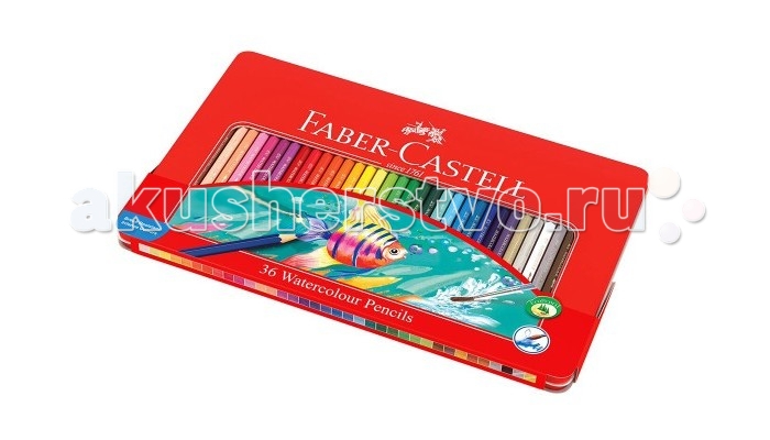 Карандаши, восковые мелки, пастель Faber-Castell Акварельные карандаши Рыбки с кисточкой в металлической коробке 36 шт., Карандаши, восковые мелки, пастель - артикул:302928 Карандаши, восковые мелки, пастель Faber-Castell Акварельные карандаши Рыбки с кисточкой в металлической коробке 36 шт., Карандаши, восковые мелки, пастель - артикул:302928
