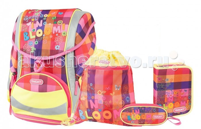 Target Collection Ранец Цветение 5 в 1Ранец Цветение 5 в 1 Target Collection Ранец Цветение 5 в 1Ранец Цветение 5 в 1Target Collection Ранец Цветение 5 в 1 изготовлен из современных, прочных материалов. Техническими особенностями ранца является система Flexiball - поясничная поддержка, правильно распределяет вес ранца, автоматически подстраивается под ребенка, и поэтому обеспечивает идеальное положение в области поясницы ребёнка. Плечевые лямки можно регулировать для каждого ребенка индивидуально, содержат вентиляционные отверстия, оснащены ЭКО-пеной. Светоотражающий материал присутствует на передней, боковой и задней частях рюкзака, что позволяет сделать вашего ребенка более заметным, а так же обезопасить его не только днем, но и ночью. Молнии рюкзака прочные, металлические. В комплект данного набора входит сам ранец, сумка для сменной обуви, пенал овальный, пенал с канцтоварами, папка-держатель из ЭКО-пластика формата А4. При создании данной модели используются улучшенные материалы (3D), которые имеют свойство дышать. Благодаря этим материалам воздух циркулирует, и следовательно, спина ребёнка не будет потеть. Дополнительно, имеется грудное крепление-стяжка для фиксации на плечах и поясничное крепление для фиксации на поясе ребенка, они установлены так, чтобы портфель самыми оптимальным образом сидел на на теле ребенка. Правильно используя ремни, вес портфеля распределяется следующим образом: 50% на бедра и 50% на поясничную часть, что ощутимо позволяет уменьшить нагрузку и усилия при ходьбе. Мягкая ручка в верхней части позволяет сделать ношение в руке более удобным и комфортным. Дно портфеля изготовлено из качественного и прочного материала. Внутри вложенные угловые элементы, чтобы не было прямого контакта с грунтом и таким образом, образуется защита от грязи. Портфель предназначен для детей ростом от 110 см: размер M - для детей ростом между 110 и 125 см размер L подходит для детей ростом между 125 и 140 см размер XL - для детей выше 140 см<br>