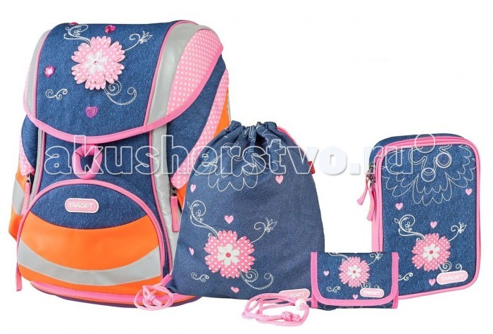 Target Collection Ранец Джинсовые цветы 5 в 1Ранец Джинсовые цветы 5 в 1 Target Collection Ранец Джинсовые цветы 5 в 1Ранец Джинсовые цветы 5 в 1Target Collection Ранец Джинсовые цветы 5 в 1 изготовлен из современных, прочных материалов. Техническими особенностями ранца является система Flexiball - поясничная поддержка, правильно распределяет вес ранца, автоматически подстраивается под ребенка, и поэтому обеспечивает идеальное положение в области поясницы ребёнка. Плечевые лямки можно регулировать для каждого ребенка индивидуально, содержат вентиляционные отверстия, оснащены ЭКО-пеной. Светоотражающий материал присутствует на передней, боковой и задней частях рюкзака, что позволяет сделать вашего ребенка более заметным, а так же обезопасить его не только днем, но и ночью. Молнии рюкзака прочные, металлические. В комплект данного набора входит сам ранец, сумка для сменной обуви, пенал овальный, пенал с канцтоварами, папка-держатель из ЭКО-пластика формата А4. При создании данной модели используются улучшенные материалы (3D), которые имеют свойство дышать. Благодаря этим материалам воздух циркулирует, и следовательно, спина ребёнка не будет потеть. Дополнительно, имеется грудное крепление-стяжка для фиксации на плечах и поясничное крепление для фиксации на поясе ребенка, они установлены так, чтобы портфель самыми оптимальным образом сидел на на теле ребенка. Правильно используя ремни, вес портфеля распределяется следующим образом: 50% на бедра и 50% на поясничную часть, что ощутимо позволяет уменьшить нагрузку и усилия при ходьбе. Мягкая ручка в верхней части позволяет сделать ношение в руке более удобным и комфортным. Дно портфеля изготовлено из качественного и прочного материала. Внутри вложенные угловые элементы, чтобы не было прямого контакта с грунтом и таким образом, образуется защита от грязи. Портфель предназначен для детей ростом от 110 см: размер M - для детей ростом между 110 и 125 см размер L подходит для детей ростом между 125 и 140 см размер XL - для детей выше 140 см<br>