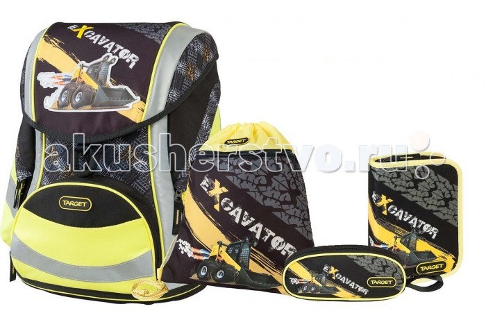 Target Collection Ранец Экскаватор 5 в 1Ранец Экскаватор 5 в 1 Target Collection Ранец Экскаватор 5 в 1Ранец Экскаватор 5 в 1Target Collection Ранец Экскаватор 5 в 1 изготовлен из современных, прочных материалов. Техническими особенностями ранца является система Flexiball - поясничная поддержка, правильно распределяет вес ранца, автоматически подстраивается под ребенка, и поэтому обеспечивает идеальное положение в области поясницы ребёнка. Плечевые лямки можно регулировать для каждого ребенка индивидуально, содержат вентиляционные отверстия, оснащены ЭКО-пеной. Светоотражающий материал присутствует на передней, боковой и задней частях рюкзака, что позволяет сделать вашего ребенка более заметным, а так же обезопасить его не только днем, но и ночью. Молнии рюкзака прочные, металлические. В комплект данного набора входит сам ранец, сумка для сменной обуви, пенал овальный, пенал с канцтоварами, папка-держатель из ЭКО-пластика формата А4. При создании данной модели используются улучшенные материалы (3D), которые имеют свойство дышать. Благодаря этим материалам воздух циркулирует, и следовательно, спина ребёнка не будет потеть. Дополнительно, имеется грудное крепление-стяжка для фиксации на плечах и поясничное крепление для фиксации на поясе ребенка, они установлены так, чтобы портфель самыми оптимальным образом сидел на на теле ребенка. Правильно используя ремни, вес портфеля распределяется следующим образом: 50% на бедра и 50% на поясничную часть, что ощутимо позволяет уменьшить нагрузку и усилия при ходьбе. Мягкая ручка в верхней части позволяет сделать ношение в руке более удобным и комфортным. Дно портфеля изготовлено из качественного и прочного материала. Внутри вложенные угловые элементы, чтобы не было прямого контакта с грунтом и таким образом, образуется защита от грязи. Портфель предназначен для детей ростом от 110 см: размер M - для детей ростом между 110 и 125 см размер L подходит для детей ростом между 125 и 140 см размер XL - для детей выше 140 см<br>