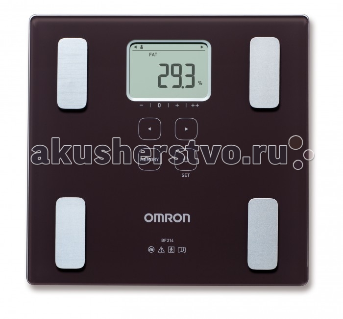 Omron Весы - анализатор состава тела BF214Весы - анализатор состава тела BF214 Omron Весы - анализатор состава тела BF214Весы - анализатор состава тела BF214Omron Весы - анализатор состава тела BF214 - это медицинский прибор, предназначенный для измерения и отображения следующих параметров состава тела: масса тела, содержание жира в организме (в процентах), скелетная мускулатура (в процентах) и индекс массы тела (ИМТ). Применение 4 датчиков позволяет выполнять клинически достоверные измерения состава тела. Жироанализатор Omron BF-214 измеряет процентное содержание жира в организме методом биоэлектрического импеданса (БИ). Такие ткани организма, как мышцы, кровеносные сосуды и кости, содержат много воды - хорошего проводника электричества. Жир представляет собой ткань, обладающую низкой электропроводностью. Анализатор состава тела Omron BF-214 пропускает через тело чрезвычайно слабый электрический ток (пользователь не испытывает от прохождения тока никаких ощущений) с частотой 50 кГц и силой менее 500 μA, чтобы определить количество жировой ткани. Для определения по шкале состав тела, прибор учитывает полное электрическое сопротивление, а также данные о росте, весе, возрасте и поле пользователя, и на основе полученных данных выдает результат о составе тела. Рекомендуется использовать прибор в одних и тех же условиях и в одно и то же время дня. Рекомендуется проводить измерения только утром после пробуждения и с пустым мочевым пузырем. Проводить измерения анализатором состава тела Omron BF-214 могут до 4-х пользователей и память результатов последнего измерения. Питание прибора от 4-х элемента питания типа AAА (мизинчиковые батарейки). Купить жироанализатор или анализатор состава тела Омрон BF-214 всегда можно в нашем интернет-магазине. Для этого необходимо заполнить форму Заказ товара в один шаг или позвонить по нашему номеру телефона. Особенности: Высокоточное оборудование с минимальной погрешностью в измерениях 4-х сенсорная технология измерения Определение индекса массы тела (ИТМ) с классификацией результата по 4 уровням Определение общего содержания жира Определение процентного отношения скелетной мускулатуры 4 учетные записи пользователя с памятью последнего измерения и гостевой режим Автовыключение Режим Просто весы Нескользящая платформа Срок гарантии 3 года<br>