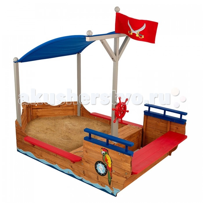 KidKraft Песочница Пиратская лодкаПесочница Пиратская лодка KidKraft Песочница Пиратская лодкаПесочница Пиратская лодкаKidKraft Песочница Пиратская лодка имеет необычную форму, напоминающую настоящий корабль. Он поделен на две условные части. Первая – песочница со скамейками, на которых можно с удобством разместиться во время игры в песке. Кроме того, если их снять, ты вы найдете вместительные ящики для игрушек и прочего инвентаря Вторая – палуба, на которой осуществляется управление кораблем. Для этого имеется вращающийся штурвал Большой синий парус защищает корабль и находящихся на его борту детей от прямых солнечных лучей Корабль декорирован пиратскими рисунками и красным флагом с ножами. Песочница изготовлена из высококачественных пород древесины. Этот материал является экологически чистым и абсолютно безопасным для ребенка. Особенности: Возраст: от 2 лет. Размеры песочницы: 200 x 113 x 151 см. Вес песочницы: 26 кг.<br>
