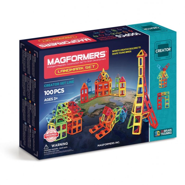 Конструктор Magformers Магнитный Landmark set (100 деталей)Магнитный Landmark set (100 деталей) Конструктор Magformers Магнитный Landmark set (100 деталей)Магнитный Landmark set (100 деталей)Magformers Магнитный конструктор Landmark set - это развивающий магнитный конструктор нового поколения для всей семьи. Большой набор Известные строения мира позволит ребенку расширить кругозор и воспроизвести множество архитектурных памятников, известных во всем мире: Триумфальная арка, Франция Эйфелевая башня, Франция Пизанская башня, Италия Сфинкс, Египет Тадж-Махал, Индия Спейс-Нидл, США Небоскреб Эмпайр Стейт Билдинг, США Шанхайская телевизионная башня «Жемчужина Востока», Китай Ветряная мельница, Нидерланды Ворота Намдэмун, Корея Таким образом, в дополнение к обычным образовательным преимуществам конструктора, дети добавляют и изучение географии. Магниты укреплены внутри деталей особым образом, который позволяет им поворачиваться друг к другу нужной стороной. В результате детали всегда притягиваются, и строить из них легко и удобно. В конструкторе используются самые сильные в мире неодимовые магниты, они повышают прочность построек. Конструктор обладает уникальным развивающим потенциалом и подходит для игры и занятий с самого раннего возраста. Конструктор развивает интеллект и воображение ребенка, математические способности и логику, память и внимание. Работа с деталями улучшает мелкую моторику, а постройка объемных фигур развивает пространственное и абстрактное мышление. Возможности для раскрытия творческих способностей ребенка с Магформерс практически безграничны: из магнитных деталей можно собрать самые невероятные и фантастические модели. Детали конструктора изготовлены из прочного непрозрачного пластика, который нелегко сломать и взрослому человеку. Ваш ребенок не поранится острыми краями обломков и не доберется до маленьких магнитов внутри! Играть с таким конструктором весело и безопасно! В наборе: буклет, который включает в себя изучаемую во время игры, карту мира, показывая все вышеуказанные достопримечательности Состав: 100 деталей<br>