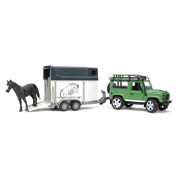 

Bruder Внедорожник Land Rover Defender с прицепом-коневозкой и лошадью, Внедорожник Land Rover Defender с прицепом-коневозкой и лошадью