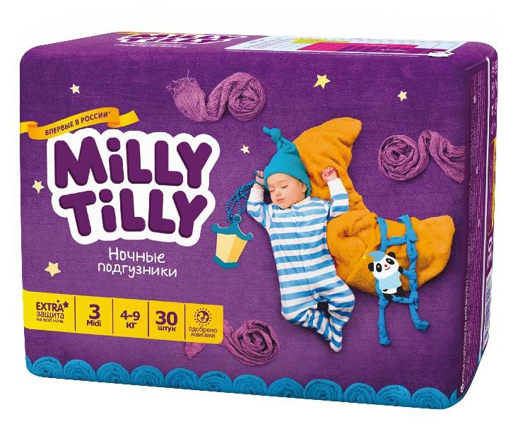 Подгузники Milly Tilly Ночные подгузники Миди 4-9 кг 30 шт. подгузники