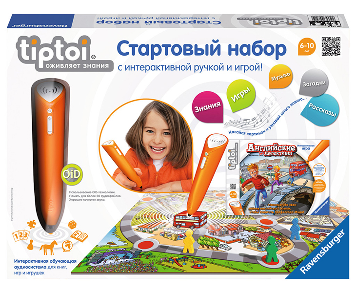 Ravensburger TipToi Стартовый набор Английские детективыTipToi Стартовый набор Английские детективы Ravensburger TipToi Стартовый набор Английские детективыTipToi Стартовый набор Английские детективыПо следам профессора Мэда! Безумный профессор Мэд хочет повергнуть ваш город в пучину хаоса, и только вам под силу помешать его вероломным замыслам. Вам придется проявить всю свою смекалку и мужество, чтобы разоблачить его сообщника в телестудии, предотвратить взрыв бомбы с веселящим газом и открыть сейф, где безумный профессор хранит свои коварные планы. Кроме того, вы сможете выучить много новых английских слов и их произношение. Кто поймает безумного профессора Мэда? В роли английских детективов игроки стараются сообща предотвратить беспорядки, которые профессор устраивает в городе, и все вместе учат иностранный язык. Аудиофайл к игре уже записан на карте памяти ручки. Интерактивную ручку можно использовать со всей продукцией TipToi®. Содержание: 1 интерактивная ручка TipToi®, 1 соединительный кабель, 1 игровое поле, 9 карт мест преступлений, 1 карта профессора Мэда, 3 красных кольца, 4 игровые фишки, 4 фигурки игроков, 16 медалей.<br>