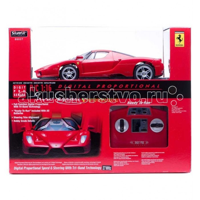 Silverlit Машина на р/у Ferrari Enzo 1:16Машина на р/у Ferrari Enzo 1:16 Silverlit Машина на р/у Ferrari Enzo 1:16Машина на р/у Ferrari Enzo 1:16Машина на р/у Ferrari Enzo 1:16 Машинки на р/у Ferrari - продукт компании Silverlit, произведенный по лицензии Ferrari 1:16. Быстрая, яростная, хитрая и желающая всегда быть первой красавица-машина. Она - твоя, пришло время проявить способности супер-гонщика! Функциональность и особенности: Игрушка прекрасно развивает логику и реакцию, воображение, обучает навыкам игры и обращения с предметами в движении. Если ребенок играет с другом, игрушка будет способствовать развитию речи, умению активно общаться. Дизайн гоночного автомобиля выполнен в красных тонах. Суперкар для гонок хорошо управляем, благодаря использованию новых технологий. Поэтому научиться правильно с ним обращаться не сложно, нужно лишь стараться. Это бесценно для развития усидчивости, внимания, терпения и умения сконцентрироваться на конкретной задаче. Высокотехнологичные игрушки – отличный способ помочь ребенку вырасти сообразительным и ловким. - Автомобиль маневренен. - Точность движения: авто впишется в поворот даже на высокой скорости. - Есть возможность изменять скорость. Возможность выбора трех диапазонов каждой частоты. - Есть 2 передние фары - 4 тормозных сигнала, 4 сигнальных огня (включаются при торможении или повороте). - Очень важным моментом является пропорциональное ускорение: напрямую зависит от силы нажатия на газ. При необходимости световые сигналы можно отключить, нажав на соответствующую клавишу на пульте управления. В игровой набор входят: - Гоночный автомобиль Ferrari 1:16 на радиоуправлении - Пульт радиоуправления - Руководство пользователя Питание: - для игрушки: 4 батарейки размера «АА» (в комплекте), - для пульта: 1 батарейка размера «9V» (в комплекте). Качество исполнения: Игрушка Гоночный автомобиль Ferrari 1:16 выполнена из высококачественной пластмассы, колеса резиновые. Края аккуратно обработаны. Радиоуправляемые игрушки безопасны для ребенка, использованные красители не токсичны и гиппоаллергенны.<br>