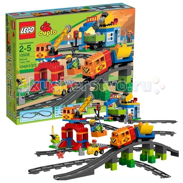 Конструктор Lego Duplo 10508 Лего Дупло Большой поездDuplo 10508 Лего Дупло Большой поезд Конструктор Lego Duplo 10508 Лего Дупло Большой поездDuplo 10508 Лего Дупло Большой поездКонструктор Lego Duplo 10508 Лего Дупло Большой поезд состоит из 134 деталей, включая аксессуары и 3 минифигурки. Перейдите на следующий уровень строительства железной дороги с набором «Большой поезд» из серии LEGO® DUPLO®. Нажми на кнопочку и отправь в путь суперсовременный локомотив с настоящим звуковым сигналом, загрузи вагоны камнями из карьера и разгрузи в пункте назначения с помощью крана! Не забудь заправиться по дороге – ведь общая протяженность рельс более 162 см, а по пути поезд ждет высокий мост с тоннелем! В набор входит: большой поезд с вагонами каменный карьер из кубиков DUPLO® большое здание с работающим подъемным краном небольшую заправочную станцию 3 минифигурки рабочих грузовик высокий мост с тоннелем множество дополнительных аксессуаров инструкция по сборке. Особенности конструктора Lego Duplo 10508: Железная дорога общей протяженностью 162 см Поезд начинает ехать при нажатии на кнопку Локомотив издает звуковые сигналы У крана работающая лебедка, груз цепляется специальными «усиками». Количество деталей: 134 шт. Для работы локомотива требуется 3 батарейки 1,5V 2R6 (AA) – не входят в комплект.<br>