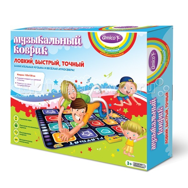 Игровой коврик Ami&Co (AmiCo) Ловкий, быстрый, точный 20599Ловкий, быстрый, точный 20599 Игровой коврик Ami&Co (AmiCo) Ловкий, быстрый, точный 20599Ловкий, быстрый, точный 20599Коврик музыкальный Ловкий, быстрый, точный. Музыкальный коврик Amico – это увлекательная игрушка для подвижных игр. Она способствуют всестороннему развитию ребенка, сочетая в себе элементы игры, танца и спорта. Коврики реагируют на прикосновения и содержат несколько интерактивных игр, сопровождающихся веселой музыкой и звуками. Следуя указаниям на индикационной панели, наступайте на соответствующие сенсорные кнопки с изображением фигур на коврике, каждый раз нужно нажать не меньше, чем на 3 фигуры одновременно. 2 режима игры, регулируемая скорость игры, рассчитан на несколько игроков, автоматическое автоотключение. Размер коврика: 150 x 120 см<br>