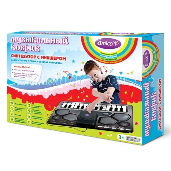 Игровой коврик Ami&Co (AmiCo) Синтезатор с микшером 20598Синтезатор с микшером 20598 Игровой коврик Ami&Co (AmiCo) Синтезатор с микшером 20598Синтезатор с микшером 20598Коврик музыкальный Синтезатор с микшером. Музыкальный коврик Amico – это увлекательная игрушка для подвижных игр. Она способствуют всестороннему развитию ребенка, сочетая в себе элементы игры, танца и спорта. Коврики реагируют на прикосновения и содержат несколько интерактивных игр, сопровождающихся веселой музыкой и звуками. Почувствуй себя настоящим ди-джеем! Нажимай на клавиши и создавай дополнительные звуковые эффекты, которые накладываются на основную мелодию. Возможно добавить звучание восьми различных инструментов и звуковых эффектов, а подключив к коврику CD/MP3 плеер и микрофон можно менять свои любимые мелодии. 8 инструментов, регулируемая громкость и темп, караоке, возможность подключения CD/MP3 плеера, музыкальные спецэффекты, микрофон и наушники в комплекте, автоматическое отключение. Размер коврика: 90 x 70 см<br>