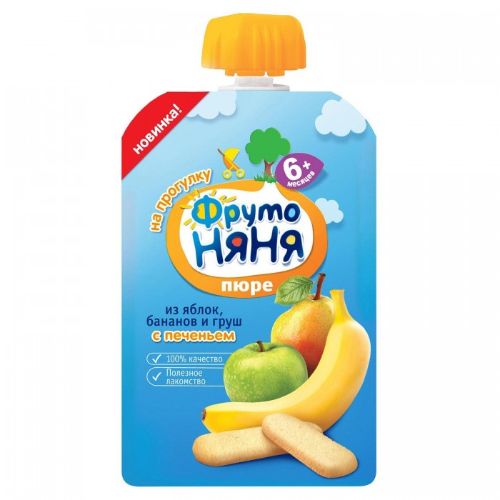 Пюре ФрутоНяня Пюре из яблок, бананов и груш с печеньем с 6 мес. 90 г