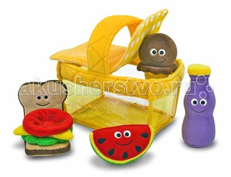 Мягкая игрушка Melissa & Doug ПикникПикник Мягкая игрушка Melissa & Doug ПикникПикникМягкая игрушка Melissa & Doug Пикник - игрушки совсем как настоящие, но сделаны они из мягких материалов. В наборе: плюшевый гамбургер долька арбуза мороженое бутылочка с напитком. Каждая игрушка имеет дополнительную звуковую функцию - погремушка, пищалка, звенелка и шелестелка. Все игрушки, кроме корзины, можно стирать в стиральной машине.<br>