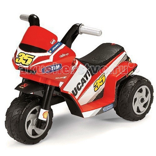 Электромобиль Peg-perego Mini Ducati MD0005Mini Ducati MD0005 Электромобиль Peg-perego Mini Ducati MD0005Mini Ducati MD0005Мотоцикл Mini Ducati MD0005 Модель была специально разработана таким образом, чтобы ваш ребёнок смог почувствовать себя настоящим мотоциклистом с первых лет жизни, не подвергаясь никакому риску. Наклейки нанесены в соответствии с окраской настоящего гоночного мотоцикла Ducati Desmosedici. Вы можете индивидуализировать мотоцикл вашего ребёнка с помощью наклеек, повторяющих цвета настоящих гонщиков, что будет особенно интересно фанатам Ducati. Автомобиль оборудован односкоростной коробкой передач и развивает скорость до 3 км/ч. Уменьшенный радиус поворота позволяет использовать электромотоцикл Peg-Perego Mini Ducati даже в условиях ограниченного пространства, например в квартире. Аккумулятор и зарядное устройство входят в комплект. Электромобиль предназначен для детей в возрасте от 1 года Лёгкое, интуитивно понятное управление одной педалью Двигателя мощностью 25 Ватт Максимальная скорость движения 2,7 км/ч Клаксон Время непрерывной работы аккумулятора при максимальной нагрузке: 95 минут Габариты электромобиля: 44 х 69 х 47,5 см Вес: 4,9 кг<br>
