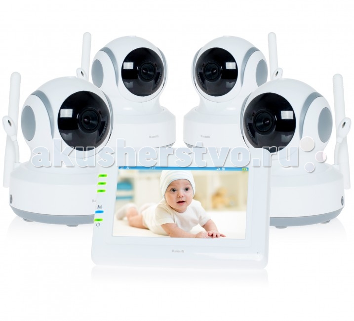 Ramili Видеоняня Baby RV900X4Видеоняня Baby RV900X4 Ramili Видеоняня Baby RV900X4Видеоняня Baby RV900X4Видеоняня Ramili Baby RV900X4 представляет из себя надежное и безопасное устройство для удаленного наблюдения за ребенком, которое обеспечивает стабильную и приватную цифровую связь. Кроме основных характеристик, обеспечивающих стабильный мониторинг, видеоняня оснащена набором дополнительных функций, которые создают особенный комфорт родителям и безопасность для малыша. Видеоняня оснащена системой активации при обнаружении плача (VOX) с настройкой чувствительности, которая позволяет экономить заряд аккумулятора и которую можно отключить для непрерывного мониторинга. Также в видеоняню Ramili встроен «умный» детектор движения, благодаря которому камера, отслеживая движение ребенка, автоматически поворачивается вслед за ним. Так что ваш малыш точно не выйдет из кадра. Особенности: Четыре камеры в комплекте (четыре детских блока) Дальность приёма до 300 метров Дисплей 11 см (4,3 дюйма) Двухсторонняя связь Удаленное управление поворотом камеры Активация при обнаружении плача (VOX) с настройкой чувствительности и оповещением Возможен непрерывный мониторинг Световая индикация громкости плача Детектор движения Автоматический поворот камеры за передвижением ребенка Сенсорный экран Ночное видение Система защиты от помех Система преодоления преград Защищенная связь (100% приватность) Цифровой зум Колыбельные мелодии Таймер кормления Термометр измеряет температуру воздуха в детской, значение отображается на экране родительского блока Регулировка яркости экрана Подключение до 4 камер Автоматическое или ручное переключение между камерами Ёмкий аккумулятор внутри родительского блока Оповещение о низком заряде аккумулятора Оповещение о выходе из зоны приёма Возможно крепление на стене любого блока<br>