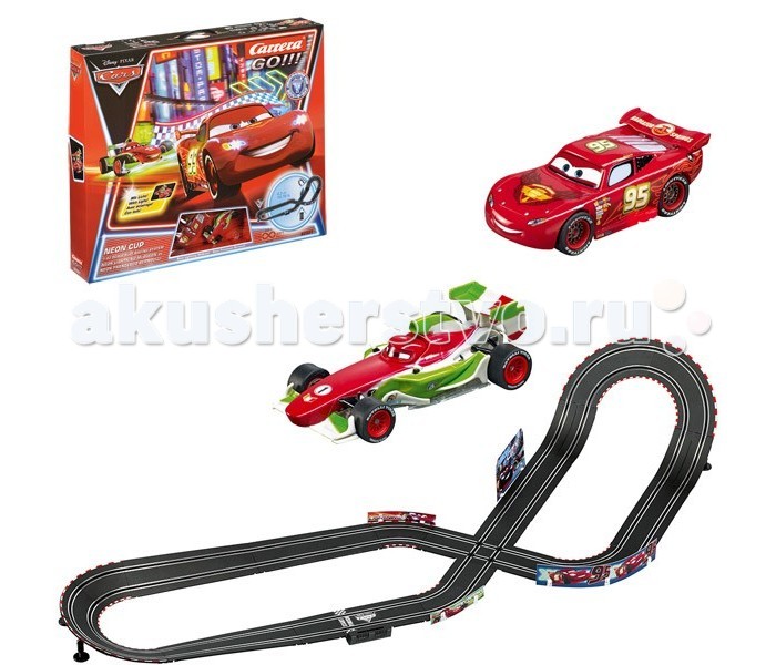 Carrera Автотрек Carrera Disney/Pixar Тачки - Neon Cup GOАвтотрек Carrera Disney/Pixar Тачки - Neon Cup GO Carrera Автотрек Carrera Disney/Pixar Тачки - Neon Cup GOАвтотрек Carrera Disney/Pixar Тачки - Neon Cup GOCarrera Автотрек Carrera Disney/Pixar Тачки - Neon Cup GO - герои диснеевского мультфильма Тачки 2 возвращаются к нам на трассе трека Carrera Neon Cup. Протяжённость трека 4,5 метра, что является преимуществом, для небольшого помещения. Данный автотрек предназначен для детей от 3 до 10 лет. Так как серия Carrera GO это начальный уровень. Габариты в разложенном состоянии составляют 60 на 200см, что является преимуществом для компактного помещения. В комплекте трека идут: две машинки серии Тачки с неоновой подсветкой , два пульта управления с кнопкой турбо ускорение, механический счётчик кругов , адаптер на 220В и блок управления. Автотрек Neon Cup работает от сети 220В, что достаточно удобно, не надо думать о том в какой момент разрядятся батарейки.<br>