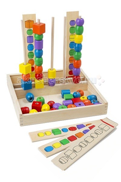 Деревянная игрушка Melissa & Doug Первые навыки Формы и цветаПервые навыки Формы и цвета Деревянная игрушка Melissa & Doug Первые навыки Формы и цветаПервые навыки Формы и цветаДеревянная игрушка Melissa & Doug Первые навыки Формы и цвета - стимулирует воображение и фантазию, развивает мелкую моторику, помогает легко запомнить цвета и геометрические формы. Необходимо собрать бусинки согласно представленным шаблонам (всего в наборе Melissa & Doug 45 ярких бусин). Компания Melissa&Doug придерживается самых высоких стандартов качества и безопасности детских образовательных продуктов для детей. Melissa & Doug - это один из ведущих брендов деревянных игрушек, используемые компанией покрытия и красители нетоксичны.<br>