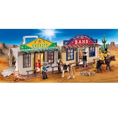 Конструктор Playmobil Возьми с собой: Дикий ЗападВозьми с собой: Дикий Запад Конструктор Playmobil Возьми с собой: Дикий ЗападВозьми с собой: Дикий ЗападВозьми с собой: Дикий Запад – игрушка, мимо которой ребенок не сможет пройти. Игровые наборы Playmobil включают в себя банк и офис шерифа. В банке хранятся денежные средства Дикого Запада, и владелец спокоен за сохранность всех ценностей, ведь его банк расположен рядом с шерифом, поэтому переживать вроде бы не за что, но в камере сидят грабители и неизвестно, что они задумали. Любители легкой наживы могут проломить или подкопать стену и выбраться наружу, и тогда банк подвергнется их нападению. Шериф должен следить за порядком и не всегда сидит в конторе, поэтому стены камеры должны быть прочными, у него есть помощники, которые занимаются охраной бандитов. Впереди перед обеими конторами есть место для привязи лошадей. У шерифа пегая лошадка, а у банкира красная. В середине конторы шерифа видно стол и стулья. В конструкторы входит два здания (банк и шериф), две лошади со снаряжением и три фигурки. Ребенок сможет устроить самое настоящее приключение по поимке грабителей и их охране. Игрушка Playmobil учит ребенка быть внимательным, уважать закон и не брать чужого. Продукция сертифицирована, экологически безопасна для ребенка, использованные красители не токсичны и гипоаллергенны.<br>