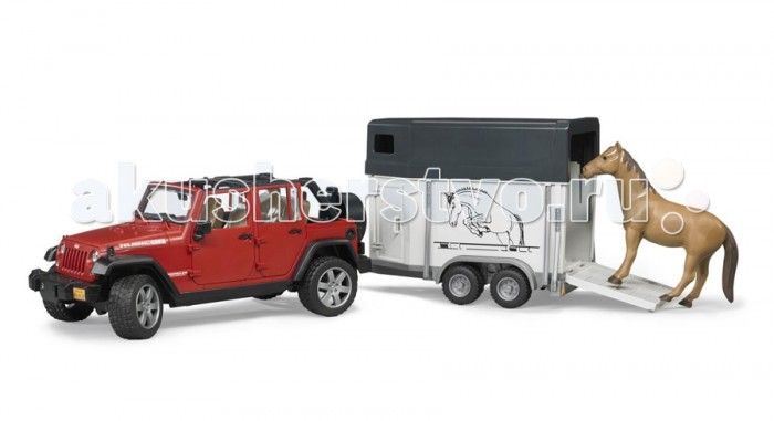 Bruder Внедорожник Jeep Wrangler Unlimited Rubicon c прицепом-коневозкойВнедорожник Jeep Wrangler Unlimited Rubicon c прицепом-коневозкой Bruder Внедорожник Jeep Wrangler Unlimited Rubicon c прицепом-коневозкойВнедорожник Jeep Wrangler Unlimited Rubicon c прицепом-коневозкойBruder Внедорожник Jeep Wrangler Unlimited Rubicon c прицепом-коневозкой – это модель известного и популярного в сельской местности внедорожника. Особенности: Крышу внедорожника можно снять – получается летний вариант с задними дугами. Дверь водителя и пассажиров (4 боковых двери) и задняя двери открываются и снимаются. Заднее сиденье снимается и внедорожник превращается в удобный автомобиль для перевозки грузов. Капот поднимается и крюком фиксируется в верхнем положении. К задней двери внедорожника прикреплено запасное колесо. мПередние колёса поворачиваются рулём. Ко дну джипа прикреплен дополнительный руль-рычаг для удобства управления, при этом дополнительный руль проходит через крышу наружу, поэтому руки будут свободны для управления машиной. Передние колёса поворачиваются рулём. Передняя и задняя оси оснащены амортизаторами. Фаркоп. Прицеп-коневозка оснащена небольшими окнами и тягово-сцепным устройством. Задний борт коневозки откидывается и превращается в настил. Колёса обеих игрушек прорезинены. В наборе внедорожник, прицеп-коневозка, лошадь (лошадь бывает трёх расцветок).<br>