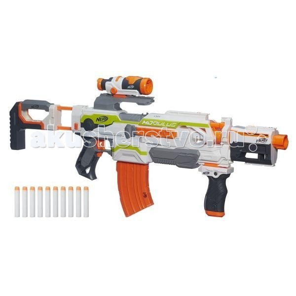 Nerf Hasbro Модулус БластерHasbro Модулус Бластер Nerf Hasbro Модулус БластерHasbro Модулус БластерЭто не просто детское оружие для увлекательной перестрелки, а еще и бластер с возможностью усовершенствования, и апгрейда. Юный нерфер сможет подобрать для себя необходимые аксессуары и дополнить ими это уникальное игровое оружие. Бластер – автоматический, поэтому для начала стрельбы необходимо лишь нажать на спусковой крючок, пред этим тщательно разглядев цель для поражения через оптический прицел. Детская игра в войнушку теперь превратится в увлекательное сражение, а сам стрелок научится меткости и разовьёт координацию своих движений. Особенности: В комплекте вместе с бластером предусмотрены 10 стрел, прицел, приклад и инструкция. Состоит из нескольких функциональных модулей Бластер полностью оснащен автоматическим механизмом. Дальность полета стрелы – 28 метров. Предусмотрена возможность усовершенствовать игрушечное оружие, приобретя дополнительные аксессуары. Для удобства во время стрельбы есть оптический прицел и подставка-упор. Набор изготовлен из высококачественного пластика, нетоксичного и безопасного для детского здоровья. Питание: 4 батарейки АА (не входят в комплект).<br>