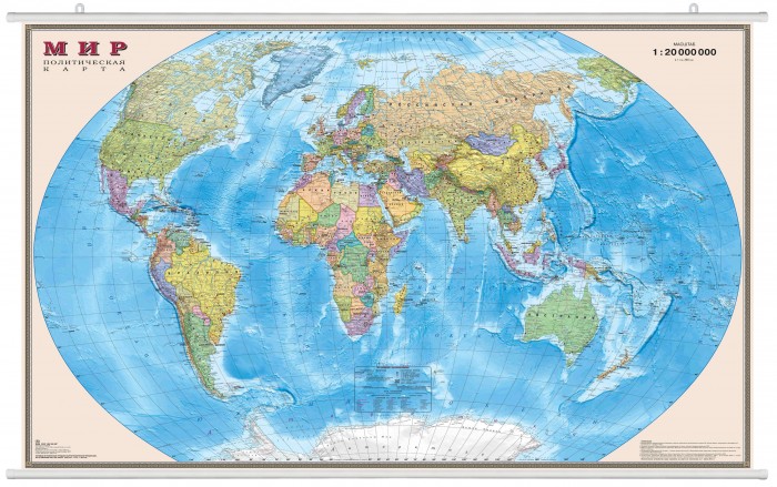 Атласы и карты Ди Эм Би Политическая карта мира 1:20 Ламинация На рейках Прозрачный тубус 156х101