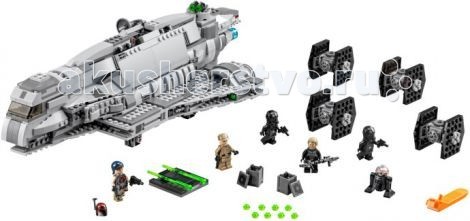 Конструктор Lego Star Wars 75106 Лего Имперский десантный корабльStar Wars 75106 Лего Имперский десантный корабль Конструктор Lego Star Wars 75106 Лего Имперский десантный корабльStar Wars 75106 Лего Имперский десантный корабльКонструктор Lego Star Wars Имперский десантный корабль - является чем-то средним между транспортным и боевым кораблём. Его можно встретить даже в самых удалённых уголках Галактики, так как из-за сравнительно невысокой стоимости и возможности модернизации его могли себе позволить не только имперские лидеры, но и частные перевозчики и даже пираты. Практически весь крейсер состоит из серых деталей двух оттенков, такая цветовая гамма добавляет ему дополнительные грозность и величие. В хвостовой части крейсера расположено три мощных двигателя, на концы которых крепятся прозрачные детали голубого цвета, имитирующие работу двигателей. По бокам от двигателей, между двух частей крыльев, находятся пружинные механизмы с ракетками зеленого цвета (ракетки могут вылетать при нажатии на их хвосты). Всего в комплект входит четыре залпа. Над центральным двигателем и под дном корабля установлены небольшие турели, сделанные из двух кликшутеров с зелеными снарядами. Прокручиванием центрального двигателя вокруг своей оси, вы приведете в движение турели. Фюзеляж крейсера покрыт множеством различных мелких деталей (плоскими тайлами, небольшими скосами и решетками), придающих модели стильную рельефность. В носовой части расположен сквозной отсек, с двух сторон закрытый тонкими пластинками. Пластинки открываются к носу, внутри отсека находится платформа с крепежами для пары ракет. Платформу можно выдвинуть из отсека. Кабина у корабля небольшая (хочется отметить, что набор сделан не в масштабе фигурки), открыть в нее доступ можно подняв стекло с частью фюзеляжа назад кверху. Внутри кабины расположено сиденье для пилота (в него можно усадить фигурку) и рычаг. За кабиной находится длинный технический отдел. Доступ в отдел открывается за счет поднятия боковых стенок или целой верхней части корпуса. В центре технического отдела установлен специальный крючок, за который можно будет удерживать модель в руках во время игры. К основе держателя прикреплены две консоли управления с рычагами и сиденьями для фигурок напротив них. В заднюю стену отсека вшит бортовой компьютер. Под каждым из кресел находятся тайники, открываются они откидыванием назад с помощью спинок кресел. В тайниках лежит по одному большому серому ящику с Имперской символикой на крышке. Внутрь ящиков можно положить запасные патроны от турелей. Как уже говорилось ранее, ко дну Гозанти можно прикрепить 4 мини-модели TIE-истребителей благодаря крепежам со стержнями, которые вставляются в колечки в верхней части истребителей. Сзади крейсера находится четыре кнопки - по одной на каждый крепеж. При нажатии на кнопку оттянется стопор, который удерживает истребитель – это освободит его, и он спокойно отсоединится от корабля.<br>