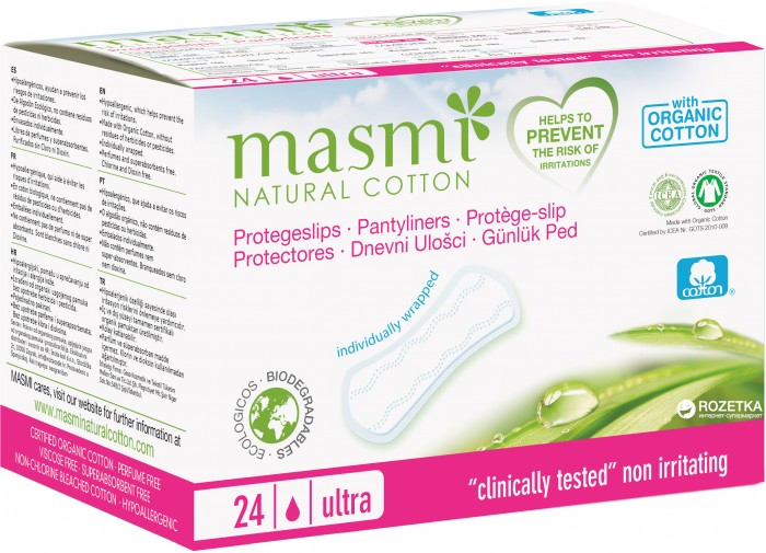 Masmi Ежедневные ультратонкие гигиенические прокладки из органического хлопка в индивидуальной упаковке 24 шт.