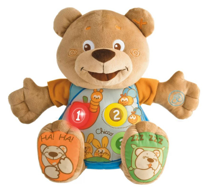 Развивающая игрушка Chicco Мишка ТеддиМишка Тедди Развивающая игрушка Chicco Мишка ТеддиМишка ТеддиИнтерактивный Мишка Тедди Chicco – это оригинальная игрушка для вашей крохи. Симпатичная мягкая игрушка, с которой так приятно играть и обниматься, а также брать с собой в свои первые путешествия. Для самых маленьких в самый раз! Особенности: Интерактивный Мишка - красочный, мягкий, очень приятный на ощупь Мягкий музыкальный Мишка украшен забавными разноцветными рисунками Мишка двуязычный: говорит на английском и русском. Кнопочки для переключения языков находятся с боку животика. Мишка поет забавные и веселые песенки, считает, говорит названия фруктов и животных. Если его перевернуть вверх ногами - он смеется. На руках и ногах есть кнопочки с разными программами, на ушках - шуршалки и мелкие шарики для развития мелкой моторики. Присутствует регулятор громкости. На животике есть три кнопки: при нажатии они светятся и мишка называет цифру, а при повторном нажатии Мишка поет песню или называет слово. Если ребенок отложил медведя и занимается чем-то другим - Мишка начинает его звать, выкрикивая забавные слова. Демонстрационные батарейки входят в комплект.<br>