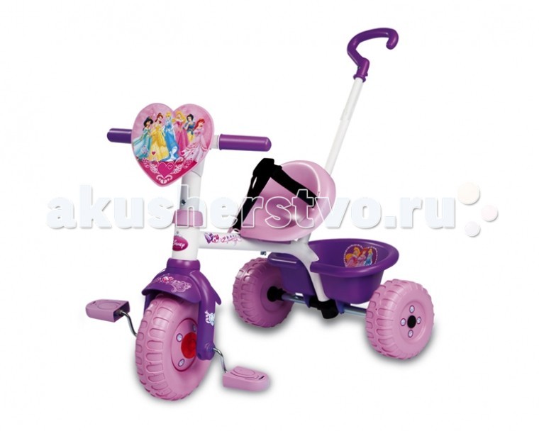 Велосипед трехколесный Smoby PrincessPrincess Велосипед трехколесный Smoby PrincessPrincessТрехколесный велосипед Smoby Princess выполнен в красивых, нежных цветах. Яркий и красивый трехколесный велосипед и прогулочная коляска для детей в возрасте от 15 месяцев и старше. Особенности: ручка для родителей изменяется по длине, съемная, специальный механизм позволяет во время движения малышу держать ноги на педалях, особая структура металла, придающая прочность конструкции велосипеда, возможность фиксации руля в положении «прямо», удобное сиденье с ремнями безопасности, расстояние между сиденьем и педалями регулируется — 3 положения, руль поворачивается влево — вправо на 30 градусов, удобный и вместительный багажник, который поднимается как борт самосвала. Размер: 71х50х54,7 см<br>