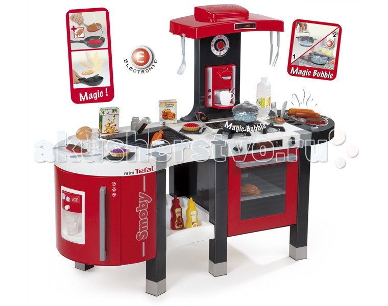 Smoby Кухня Tefal Французское прикосновение с водойКухня Tefal Французское прикосновение с водой Smoby Кухня Tefal Французское прикосновение с водойКухня Tefal Французское прикосновение с водойSmoby Кухня Tefal Французское прикосновение с водой. Малышка копирует маму, начиная от приготовления еды на кухне вплоть до нанесения макияжа? Это значит пришло время сюжетно-ролевых игр только в детском формате. Хотите подарить ребенку безоблачное и счастливое детство, поэтому и к выбору игрушек подходите досконально. Кухня Tefal Французское прикосновение – это реалистичная, большая кухня, где ребенок сможет приготовить вкуснейший обед, вскипятить воду, сварить кофе и даже помыть посуду. Кухня Tefal Французское прикосновение с водой имеет высоту 93 см. Это самая технологичная кухня с удивительным дизайном! В этой кухне вы найдете много реалистичных возможностей. Поставьте кастрюлю на плиту, и она будет кипеть как настоящая! Это настоящая магия со Smoby! Кроме этого в набор входят рыба и мясо, которые с одной стороны сырые, а с другой обжаренные. Кроме этого вы можете подкидывать блинчик на специальной сковородке. Игра в готовку стала еще интереснее! Кухня оснащена всем самым не обходимым: электронная плита, 2 конфорки, духовка, раковина с водой, холодильник, дозатор для льда, вытяжка, гриль, рабочая поверхность, встроенная кофемашина, часы и полка. В наборе 44 аксессуара для интереснейшей игры: мясо, рыба, блинчик, сосиски, пирожное, кубики льда, курочка, сковородка, волшебная кастрюлька, столовые приборы, бутылочки кетчупа и горчицы, кофейные диски и 2 коробочки.<br>