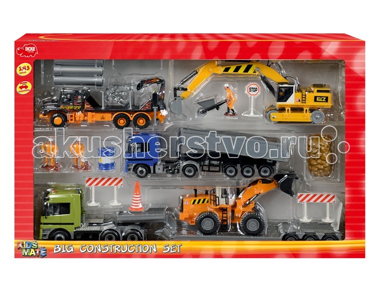 Dickie Набор строительной техники Big ConstructionНабор строительной техники Big Construction Dickie Набор строительной техники Big ConstructionНабор строительной техники Big ConstructionНабор строительной техники Dickie Big Construction Все машины имеют различные функции, их части двигаются. Особенности: Масштаб 1:43 Ковш грейдера опускается и поднимается, а также меняет угол наклона Экскаватором можно захватывать землю или песок. Игрушки выполнены максимально реалистично из пластика и металла. В наборе: экскаватор самосвал погрузчик с манипулятором на платформе грузовика грейдер фигурки строителей аксессуары<br>