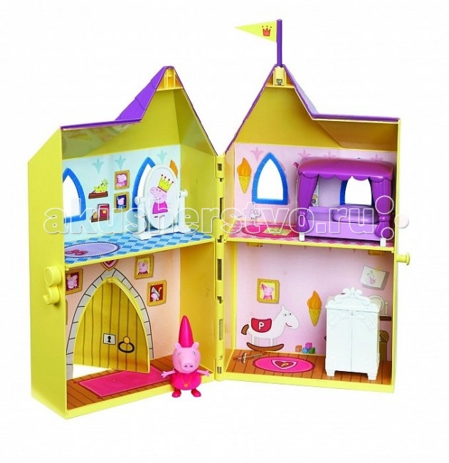 Peppa Pig Замок принцессыЗамок принцессы Peppa Pig Замок принцессыЗамок принцессыPeppа Pig Игровой набор Замок принцессы – это отличная возможность для малышей погрузиться в мир приключений любимых персонажей. Любая девочка мечтает однажды проснуться принцессой и поэтому с радостью играет в игры от лица царственных особ. А знаменитая и любимая детьми свинка Пеппа и ее прекрасный замок – это как раз то, что нужно, чтобы как можно лучше почувствовать себя настоящей дочерью короля! Особенности: Роскошные апартаменты, состоящие из четырех комнат, прекрасная кукольная мебель, окна и двери, сделанные под старину, а сверху башенка с королевским флагом. Игрушка изготовлена из качественной пластмассы и абсолютно безвредна, поэтому вы можете не беспокоиться о здоровье ребенка. Домик разделен на 4 игровые зоны (спальня, гардеробная, игровая комната, парадная с вращающейся дверью). Товар изготовлен из безопасного пластика и сертифицирован. В комплекте: двухэтажный домик в виде сказочного замка 31х6х30,5 см, фигурка Пеппы-принцессы (7 см) с двигающимися ручками и ножками мебель и аксессуары для оформления внутреннего пространства замка (шкаф, кровать, игрушечное зеркало).<br>