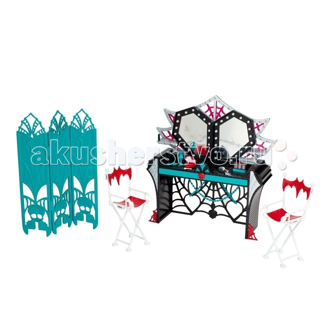 Монстер Хай (Monster High) Игровой набор Вечеринка из серии Страх! Камера! Мотор! ГримеркаИгровой набор Вечеринка из серии Страх! Камера! Мотор! Гримерка Монстер Хай (Monster High) Игровой набор Вечеринка из серии Страх! Камера! Мотор! ГримеркаИгровой набор Вечеринка из серии Страх! Камера! Мотор! ГримеркаMonster High Игровой набор Вечеринка в честь премьеры из серии Страх! Камера! Мотор! Гримерка не оставит равнодушной ни одну поклонницу Школы монстров. Девчонки из Школы Монстров, появившись в любом месте, могут шокировать публику своими эпатажными образами. В этот раз они решили появится на коровой дорожке, но перед выходом нужно как следует привести себя в порядок. Для этого и был создан набор Monster High Монстры! Камера! Мотор! - Гримерка. в комплекте имеется туалетный столик с различной косметикой, ширма для переодевания и удобные стулья. Игрушки изготовлены из качественных материалов, куклы в комплект не входят и приобретаются отдельно.<br>