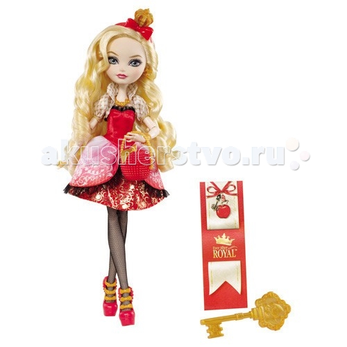 Ever After High Кукла Эппл УайтКукла Эппл Уайт Ever After High Кукла Эппл УайтКукла Эппл УайтКукла Ever After High Эппл Уайт, дочка сказочной Белоснежки. Самая большая мечта куклы - управлять сказочным королевством, и у нее есть все, чтоб осуществить эту мечту: милая внешность, открытый взгляд и королевский стиль в одежде. Особенности: Кукольный наряд состоит из короткого платья преимущественно красного цвета. На платье множество деталей: кружево, оборки, блестящие золотые узоры. Верх платья имеет корсетную форму. Поверх корсета - болеро с коротким рукавом-фонариком и воротником стойкой. С черным кружевом платья сочетаются полупрозрачные колготы куклы. На ногах у Эппл - фантастические туфли с перепонками в виде бантиков. На шеи у Эппл золотое ожерелье, а руку украшает золотое кольцо в форме бантика. Кукла Эппл - шикарная блондинка. Ее длинные волосы уложены крупными локонами и украшены ободком с миниатюрной короной. Ярким аксессуаром куклы является ее сумочка в виде большого красного яблока на золотой ручке. Руки и ноги у куклы шарнирные, что позволяет придавать ей различные позы.<br>