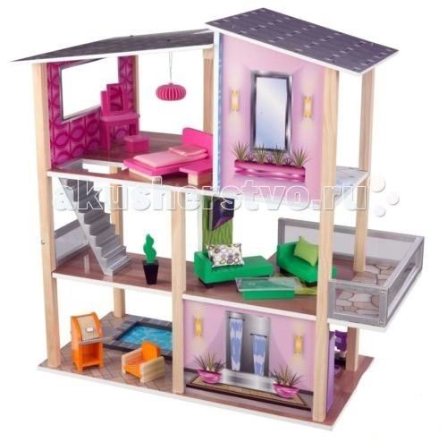 KidKraft Домик для мини-кукол Стильный коттеджДомик для мини-кукол Стильный коттедж KidKraft Домик для мини-кукол Стильный коттеджДомик для мини-кукол Стильный коттеджKidKraft Домик для мини-кукол Стильный коттедж не ограничен внешними стенами, он полностью открыт. Перегородки присутствуют только внутри. Сразу нескольким детям будет интересно поиграть с такой конструкцией. Коттедж трехэтажный на пять замечательных комнат. На первом этаже располагается кухня, рядом с которой голубой прозрачный бассейн. Второй этаж полностью занят одной просторной гостиной комнатой. На последнем - находится туалетная комната и спальня. Перемещаться с одного этажа на последующий можно по двум лестницам. Интерьер декорирован в стиле хай-тек. Обилие ярких цветов и теплых полутонов впечатлит маленькую хозяйку кукольного домика. В наборе: коттедж 20 предметов мебели инструкция. Подходит для кукол которые имеют размер приблизительно 12,5 см<br>