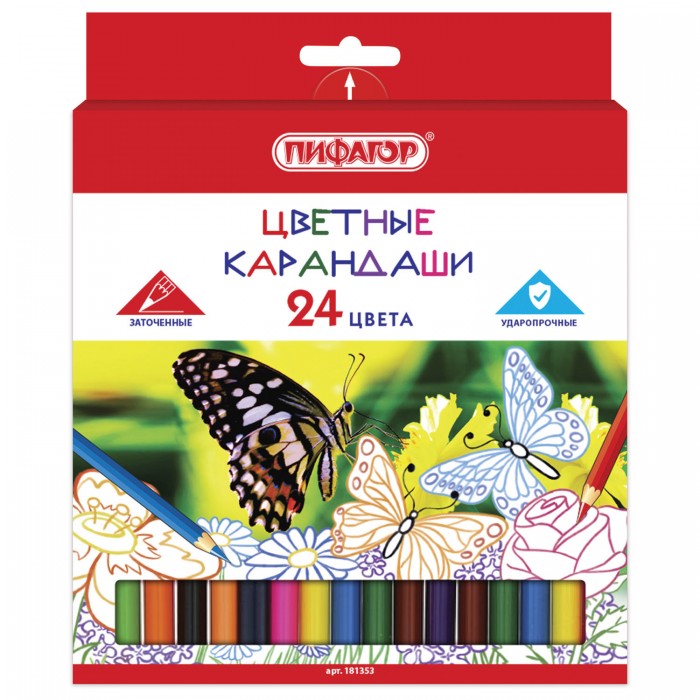  Пифагор Карандаши цветные классические заточенные Бабочки 24 цвета