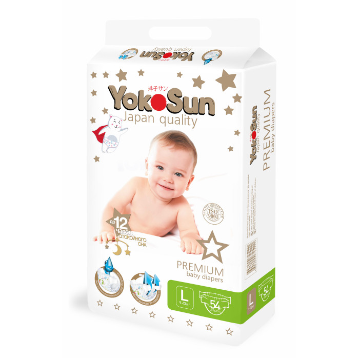 

Yokosun Подгузники Premium L (9-13 кг) 54 шт., Подгузники Premium L (9-13 кг) 54 шт.
