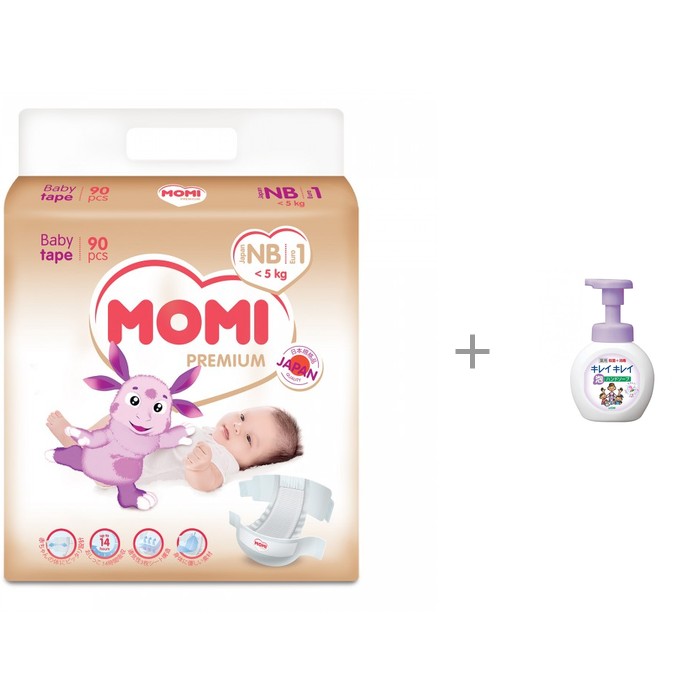 Momi Premium подгузники NB (0-5 кг) 90 шт и LION Kirei Пенное мыло для рук с ароматом цветов, 250 мл 820461