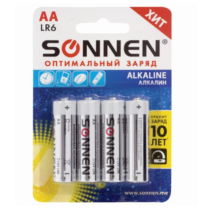 Батарейки, удлинители и переходники Sonnen Батарейки Alkaline АА (LR6, 15А) алкалиновые 4 шт. батарейки defender lr6 04b aa 4 шт 56028