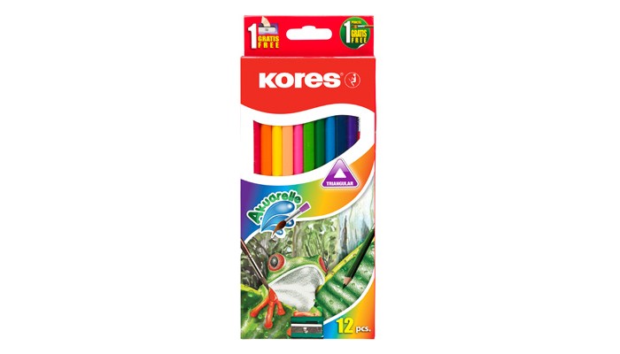 Kores  Карандаши цветные акварельные трехгранные с кистью и точилкой 12 цветов