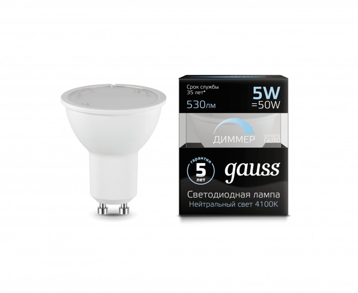 

Светильник Gauss Лампа диммируемая LED MR16 GU10-dim 5W 530lm 4100K, Лампа диммируемая LED MR16 GU10-dim 5W 530lm 4100K