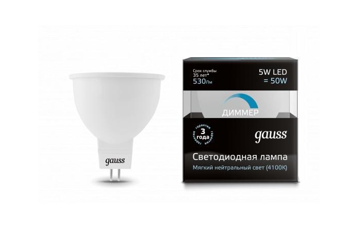 

Светильник Gauss Лампа диммируемая LED MR16 GU5.3-dim 5W 530lm 4100K, Лампа диммируемая LED MR16 GU5.3-dim 5W 530lm 4100K