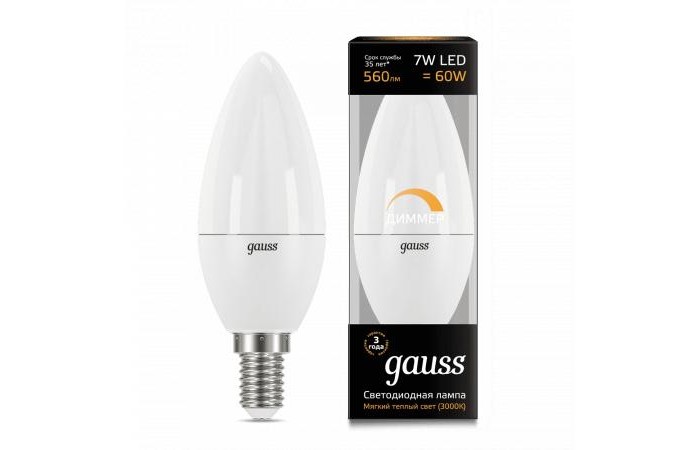 

Светильник Gauss Лампа свеча-dim диммируемая LED E14 7W 560lm 3000К, Лампа свеча-dim диммируемая LED E14 7W 560lm 3000К