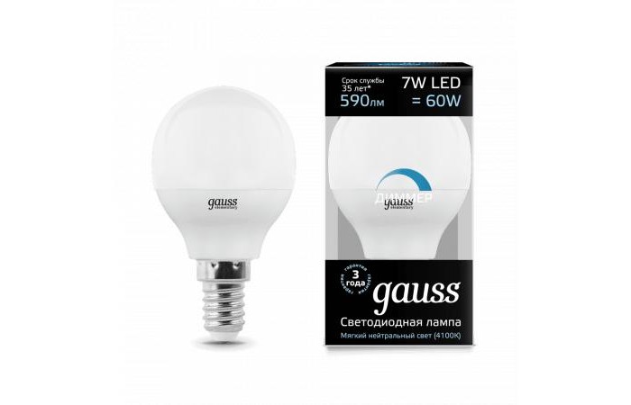 

Светильник Gauss Лампа диммируемая шар-dim LED E14 7W 590lm 4100К, Лампа диммируемая шар-dim LED E14 7W 590lm 4100К