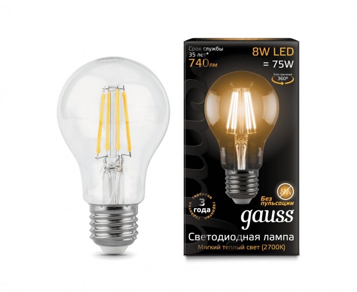 Светильники Gauss Лампа Filament LED A60 E27 8W 740lm 2700К лампа светодиодная gauss 102802106 led filament а60 е27 6вт 2700к 1 10 40