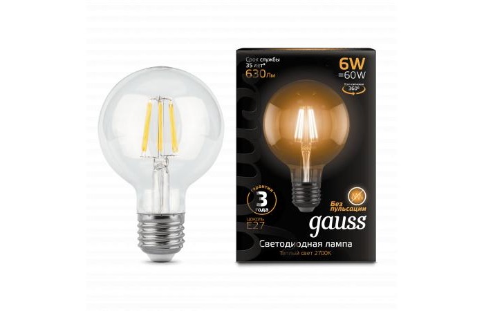 

Светильник Gauss Лампа Filament LED G95 E27 6W 630lm 2700K, Лампа Filament LED G95 E27 6W 630lm 2700K