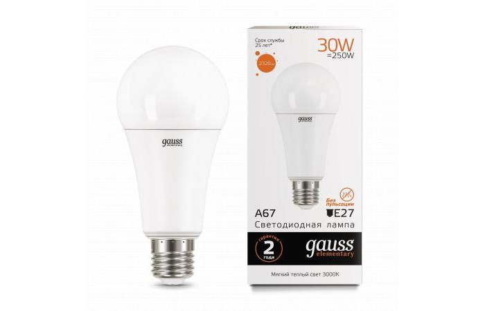 

Светильник Gauss Лампа Elementary LED A67 30W E27 2320lm 3000K, Лампа Elementary LED A67 30W E27 2320lm 3000K