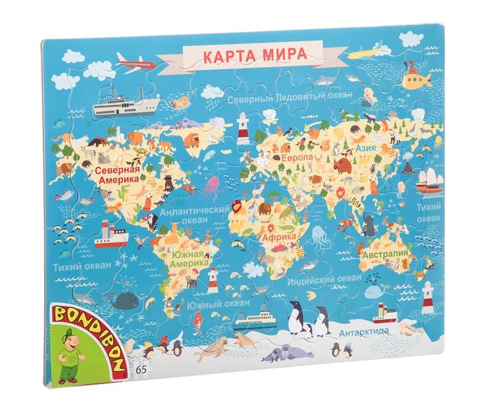 

Bondibon Пазл Карта Животные мира (65 деталей), Пазл Карта Животные мира (65 деталей)