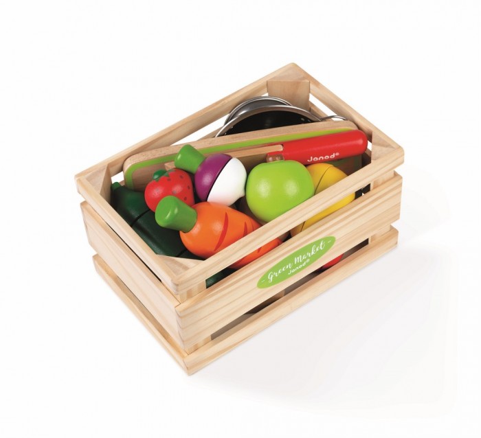 Janod Набор фруктов и овощей с дуршлаком и деревянным ножом в ящике