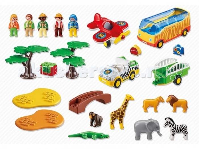 Конструктор Playmobil 1.2.3. Большое африканское сафари1.2.3. Большое африканское сафари Конструктор Playmobil 1.2.3. Большое африканское сафари1.2.3. Большое африканское сафариКонструктор Playmobil 1.2.3. Большое африканское сафари - захватывающее путешествие по жаркой саванне. В наборе: Человечки: 1водитель автобуса, 1 водитель джипа, 1 пилот, 2 туриста. У всех фигурок подвижные ноги (что помогает легко размещать фигурки в машинах и аэроплане), дизайн одежды человечков соответствует тематике набора. Животные: аллигатор, шимпанзе, жираф, слон, зебра, лев и львица. Автобус: 4 сидячих места (в которых надежно фиксируются фигурки), откидная боковая крышка отсека для багажа (куда легко помещаются 2 дорожные сумки), подвижные колеса. 1 аэроплан, Джип с прицепом: 1 сидячее место, багажник (куда легко помещается ящик с травой), фаркоп, подвижные колеса, двухколесный прицеп (боковые решетки, место для одного животного на выбор (кроме аллигатора), подвижные колеса. Аэроплан: подвижные шасси, вращающийся пропеллер, 1 сидячее место. Аксессуары: 2 дерева, 2 подставки для животных, 1 мост, 2 дорожные сумки, ящик для перевозки травы. Серия 1.2.3 Playmobil - потрясающие конструкторы из Германии для детей от 1,5 до 3 лет! С первой маленькой фигурки и до последней большой детали ребенок будет увлечен и восхищен разнообразием, функциональностью, оригинальным дизайном и удобными формами игрушек.<br>