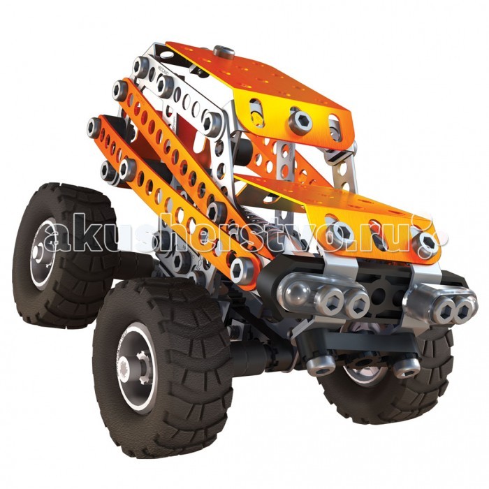 Конструктор Meccano Внедорожник 2 модели (190 деталей)Внедорожник 2 модели (190 деталей) Конструктор Meccano Внедорожник 2 модели (190 деталей)Внедорожник 2 модели (190 деталей)Конструктор Meccano Внедорожник 2 модели (190 деталей) можно собрать одну из двух моделей на выбор: внедорожник или грузовик. Основные детали представляют собой металлические пластины с отверстиями, который соединяются при помощи болтов, но также в набор входят подвижные элементы - широкие резиновые колеса и части подвески. Последняя, нужно отметить, действительно работает - вы почувствуете это, если попытаетесь надавить рукой на собранный автомобиль. В комплект включены инструменты, которые понадобятся для работы - отвертка и гаечный ключ. Основная серия легендарных конструкторов Меккано, предназначенная для детей 7 – 9 лет, была существенно модернизирована в 2015 году. Модели приобрели более современный дизайн, детали окрашиваются цветом металлик, инструменты для сборки стали более удобными, а инструкции более понятными и наглядными. Конструкторы Meccano придумал в 1901 году Фрэнк Хорнби, инженер-самоучка из Ливерпуля. Его идея заключалась в том, чтобы познакомить детей с основами настоящей инженерии, не слишком усложняя процесс. Судя по тому, что эти конструкторы пользуются спросом более сотни лет спустя, задумка удалась.<br>